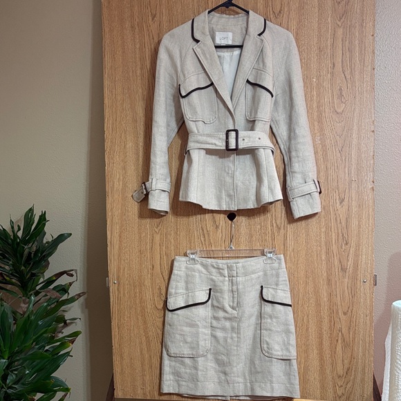 LOFT 100% Linen Beige and Brown Trim Skirt Set